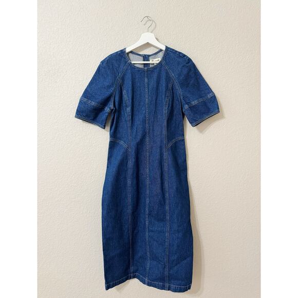 NWT Madewell Denim Puff-Sleeve Midi Dress Allister Wash Blue Jean Dress Size 8 - Picture 2 of 6